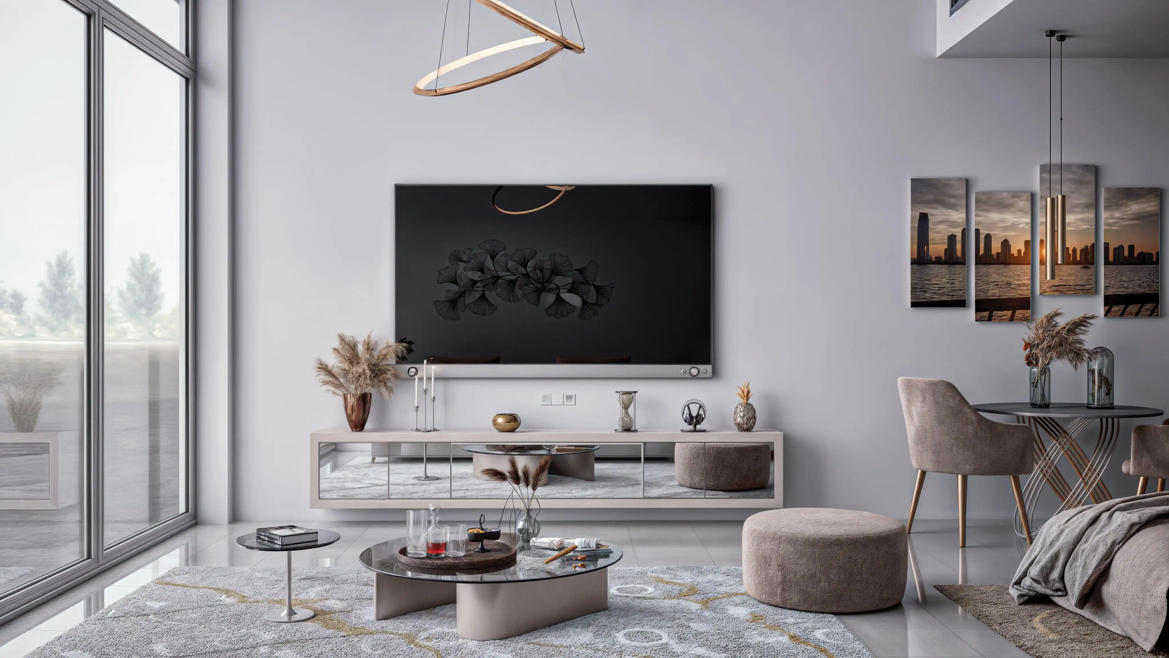 Contemporary apartment dining area with designer furniture and lighting
